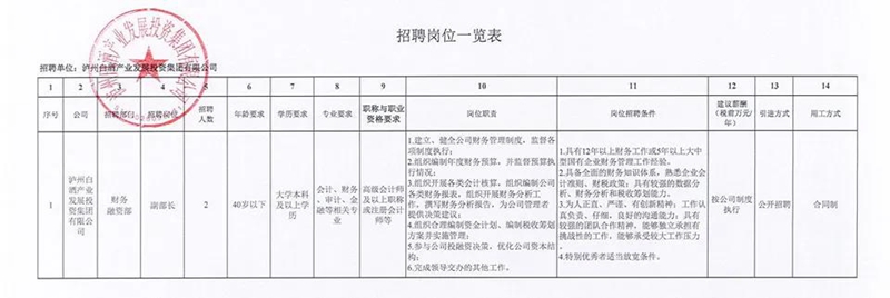 泸州白酒投集团公开招聘财务融资部副部长