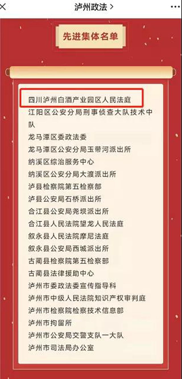 四川泸州白酒产业园区人民法庭被授予“泸州政法系统先进集体”称号(图1)