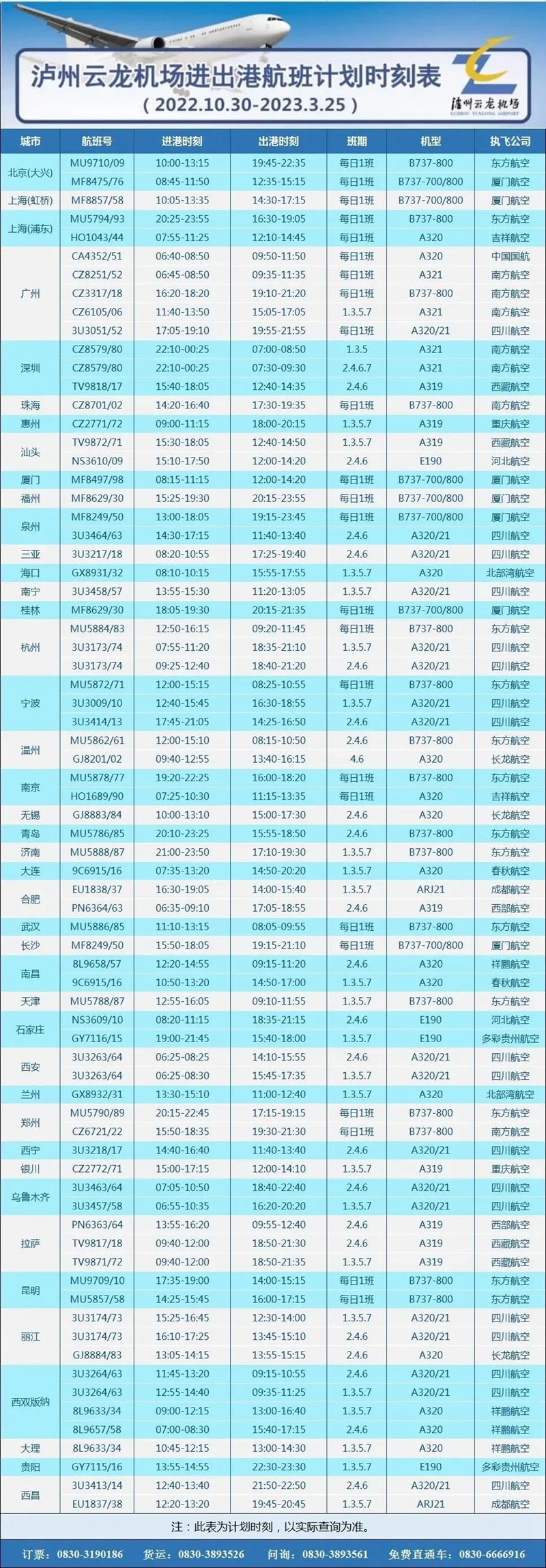 换季抢先看｜泸州机场2022年冬航季航班计划出炉，时刻表提前收藏！