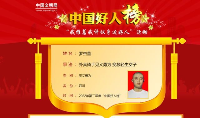 2022年第三季度“中国好人榜”发布，泸州外卖小哥罗虫董上榜