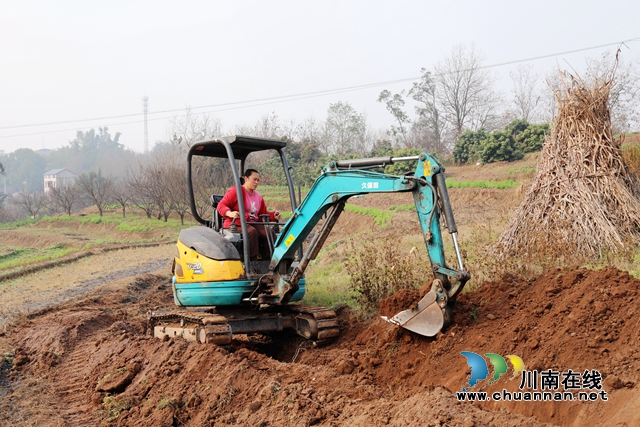 在泸州市龙马潭区双加镇凉坳村，750米长的灌溉管道延伸工程也在如火如荼地进行，一台小型挖机正在抢挖沟渠，不远处，工人们正在热接管道，并将管道埋设在挖好的沟渠内。+(3).JPG