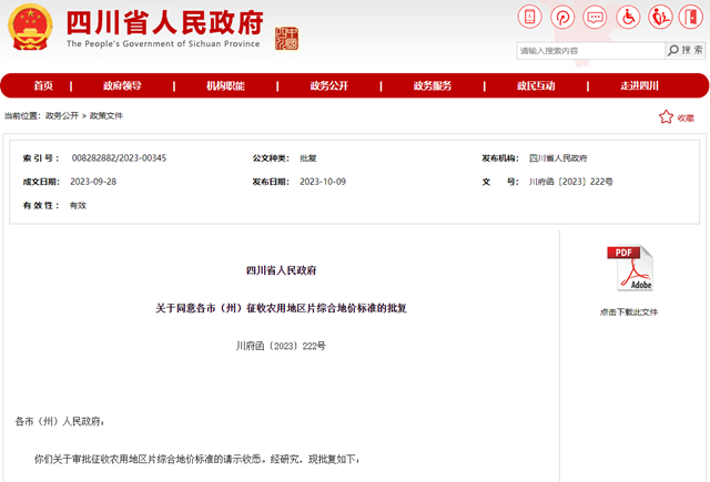 事关征地补偿！四川公布征收农用地区片综合地价标准