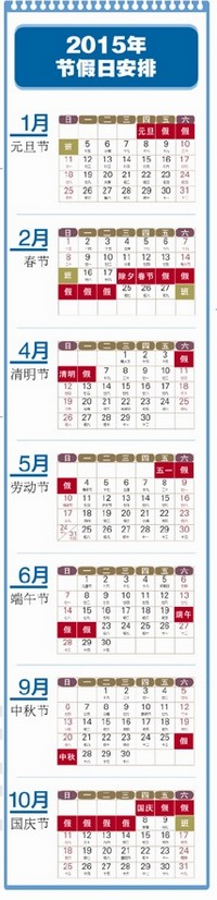 2015年节假日安排出炉:除夕放假 中秋休2天(图1) 2015年节假日安排出炉:除夕放假 中秋休2天(图1)