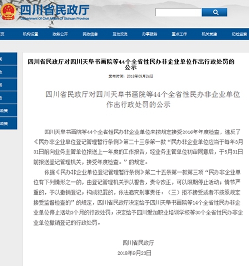 未按规定年检&nbsp;四川44个民办非企业单位被处罚(图1)