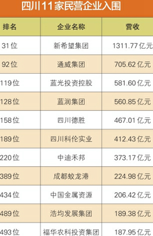 2019中国民营企业500强：11家川企上榜(图2)