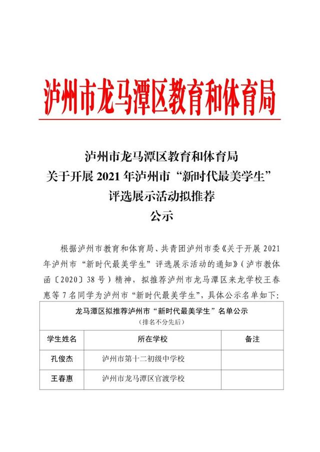 公示！龙马潭区关于开展2021年泸州市“新时代最美学生”评选展示活动拟推荐名单