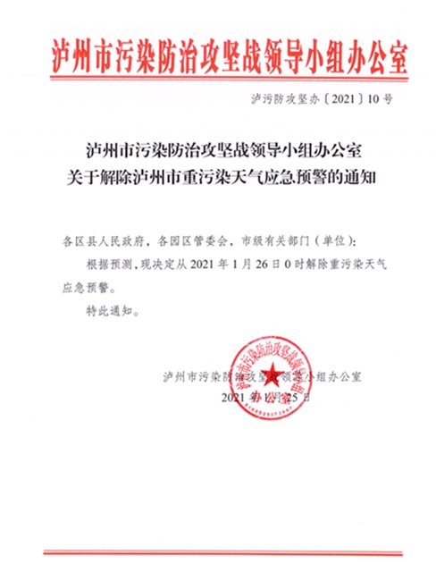今日0时起，泸州市解除重污染天气应急预警(图1)