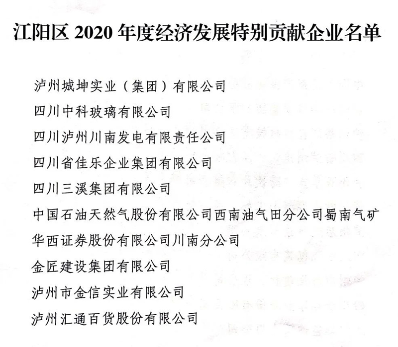 江阳区2020年度经济发展特别贡献、突出贡献企业名单出炉