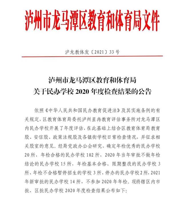 公告！龙马潭区这20所民办学校年检优秀(图1)