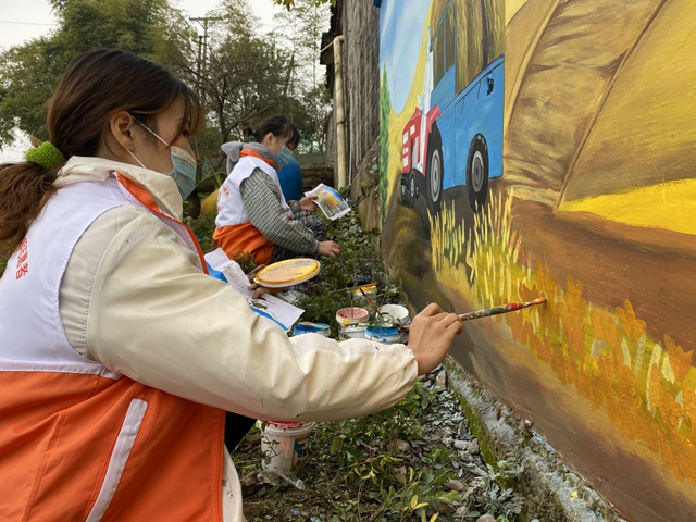 龙马潭：团团巧手彩绘乡村院墙，志愿服务助力乡村振兴(图1)